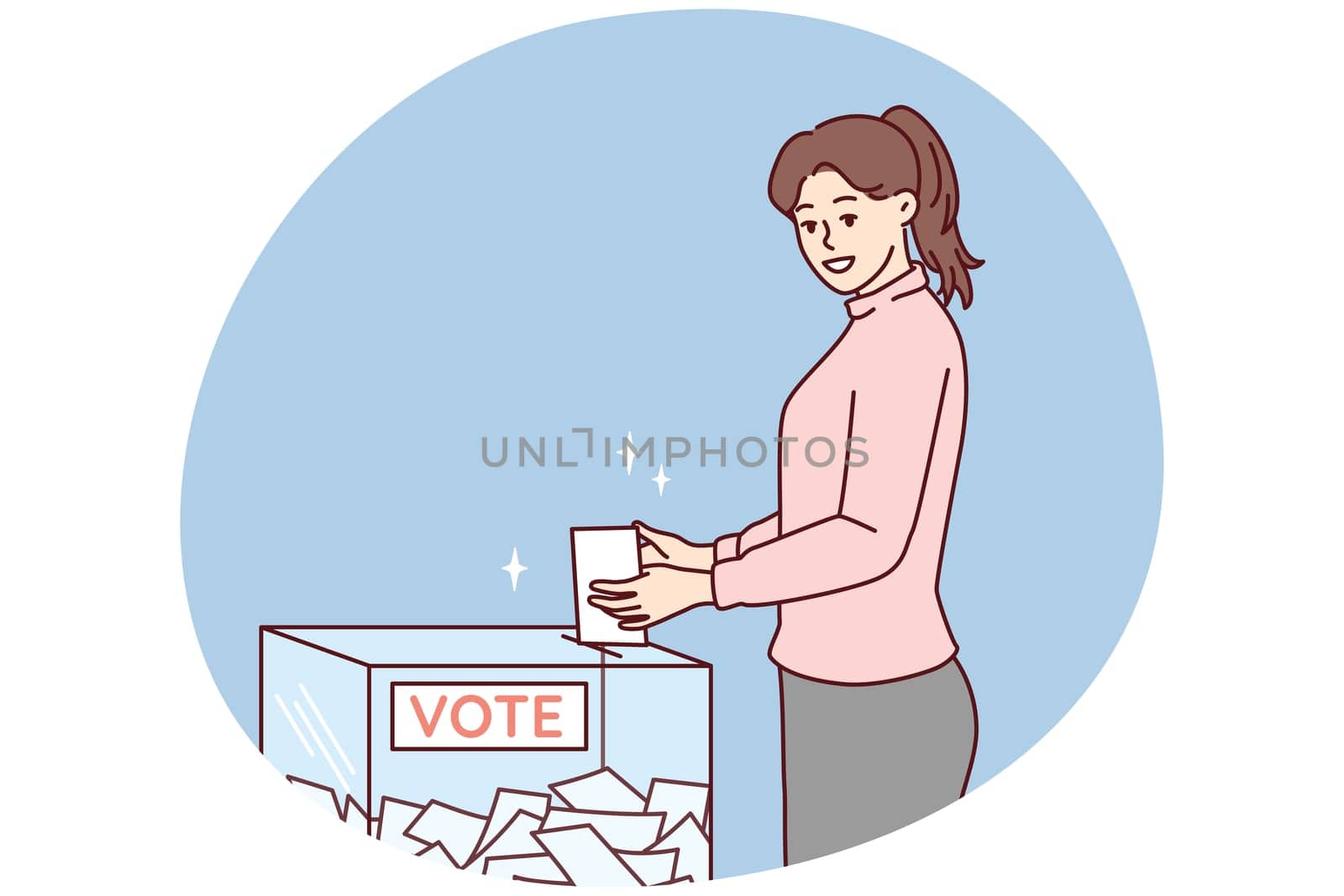 Woman throws ballot into glass box casting vote for presidential or congressional candidate. girl shows civil position by taking part in elections of political course of state. Flat vector design
