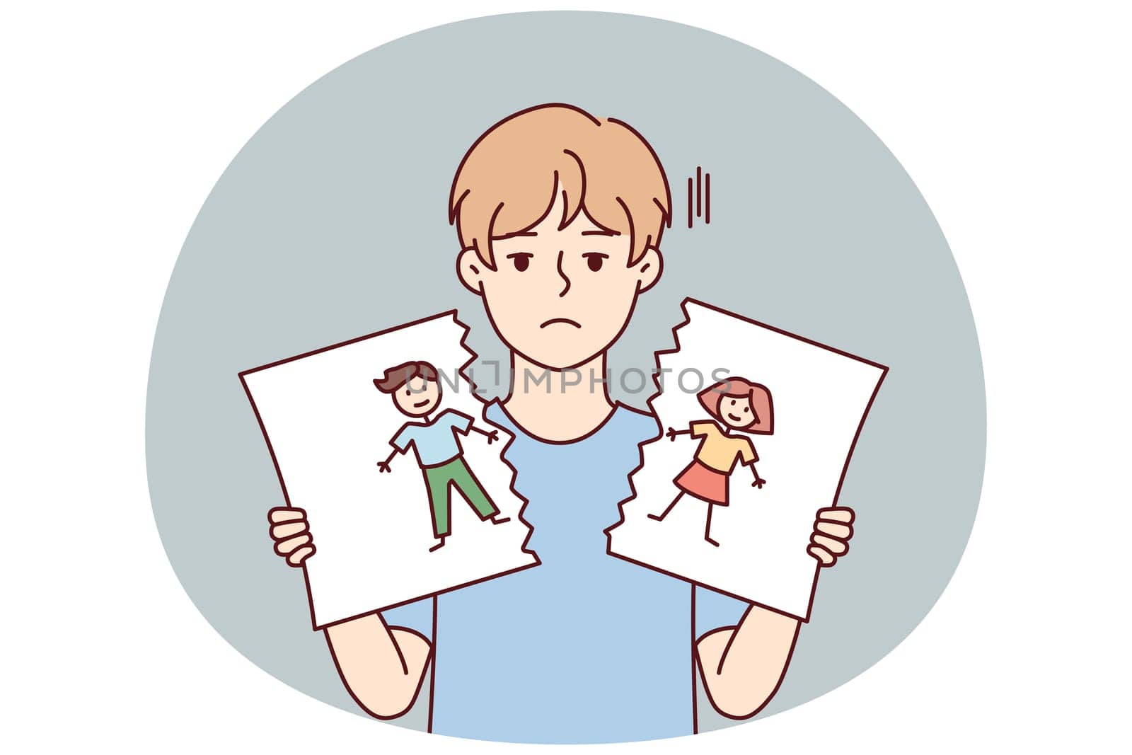 Sad boy with blond hair holds in hands torn pictured with painted kids. Cheerless child of pree teen age after school quarrel or conflict tears up self-drawn portrait. Flat vector design