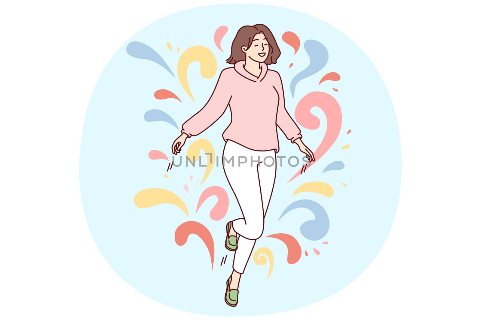 Woman walks in weightlessness and waves arms located among multi-colored drops flying in different directions. Carefree girl feels happy after dating or taking antidepressants. Flat vector design