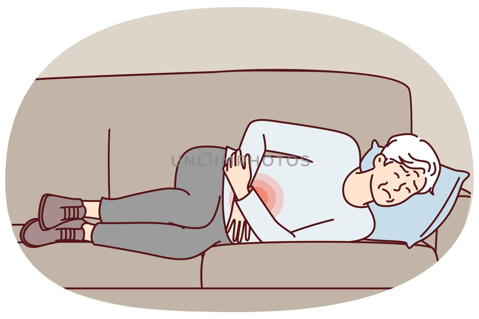 Elderly human is experiencing pain in stomachs and weakness after food poisoning lies on couch with sad face. Gray-haired man holding on to belly suffers from digestive disorders. Flat vector design
