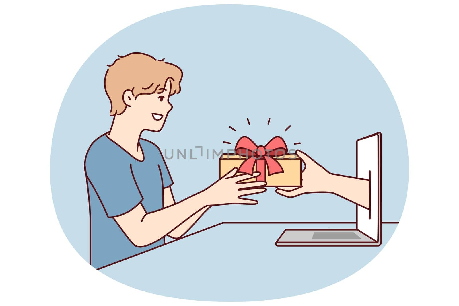 Young man receives present from hand poking out of laptop screen after shopping in online store. Metaphor of gift for buying computer or in marketing campaign with cashback reward. Flat vector image