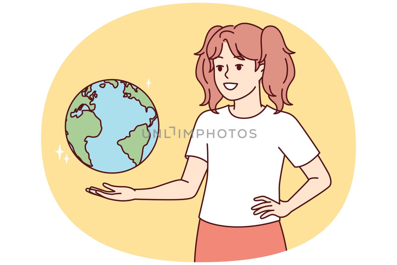 Teenage girl with globe hanging in weightlessness studies geography and location of continents or states. Child from elementary school dreams of traveling to cities of world. Flat vector illustration