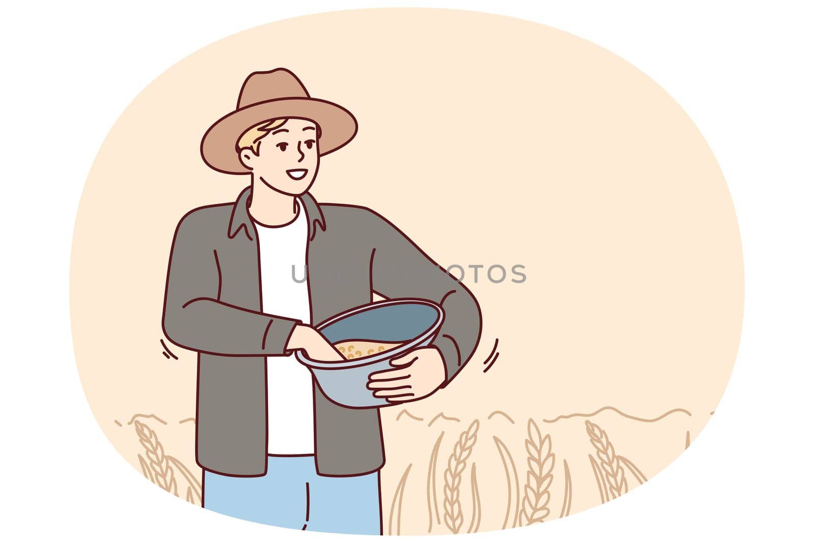 Male farmer working in field on harvest season. Smiling man busy with agriculture on pasture or cropland. Vector illustration.