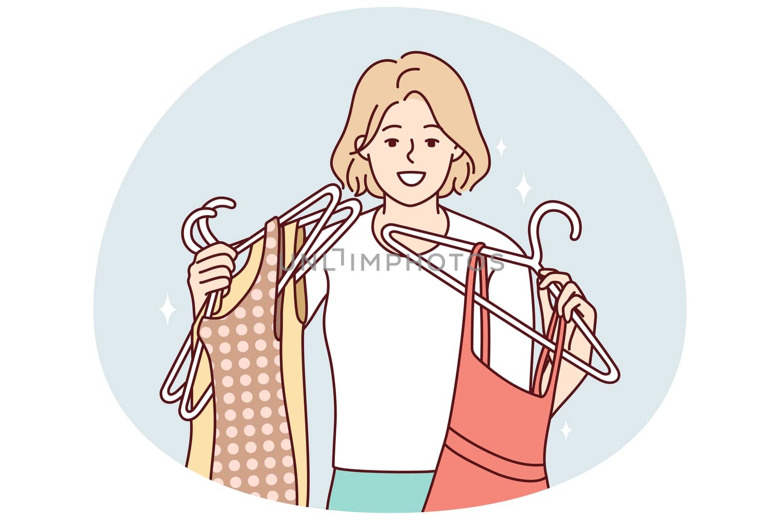 Happy young woman with dresses on hangers shopping in mall. Smiling girl buying fashion clothes in store. Style and consumerism. Vector illustration.