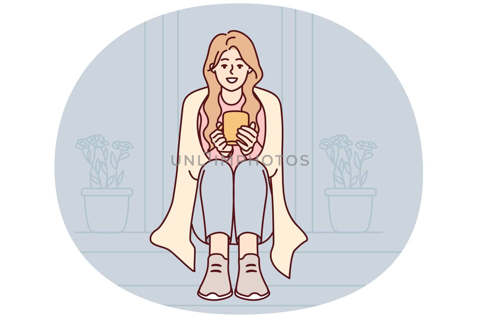 Happy woman sit on stairs at home drinking warm coffee. Smiling girl enjoy outside with tea in morning. Vector illustration.