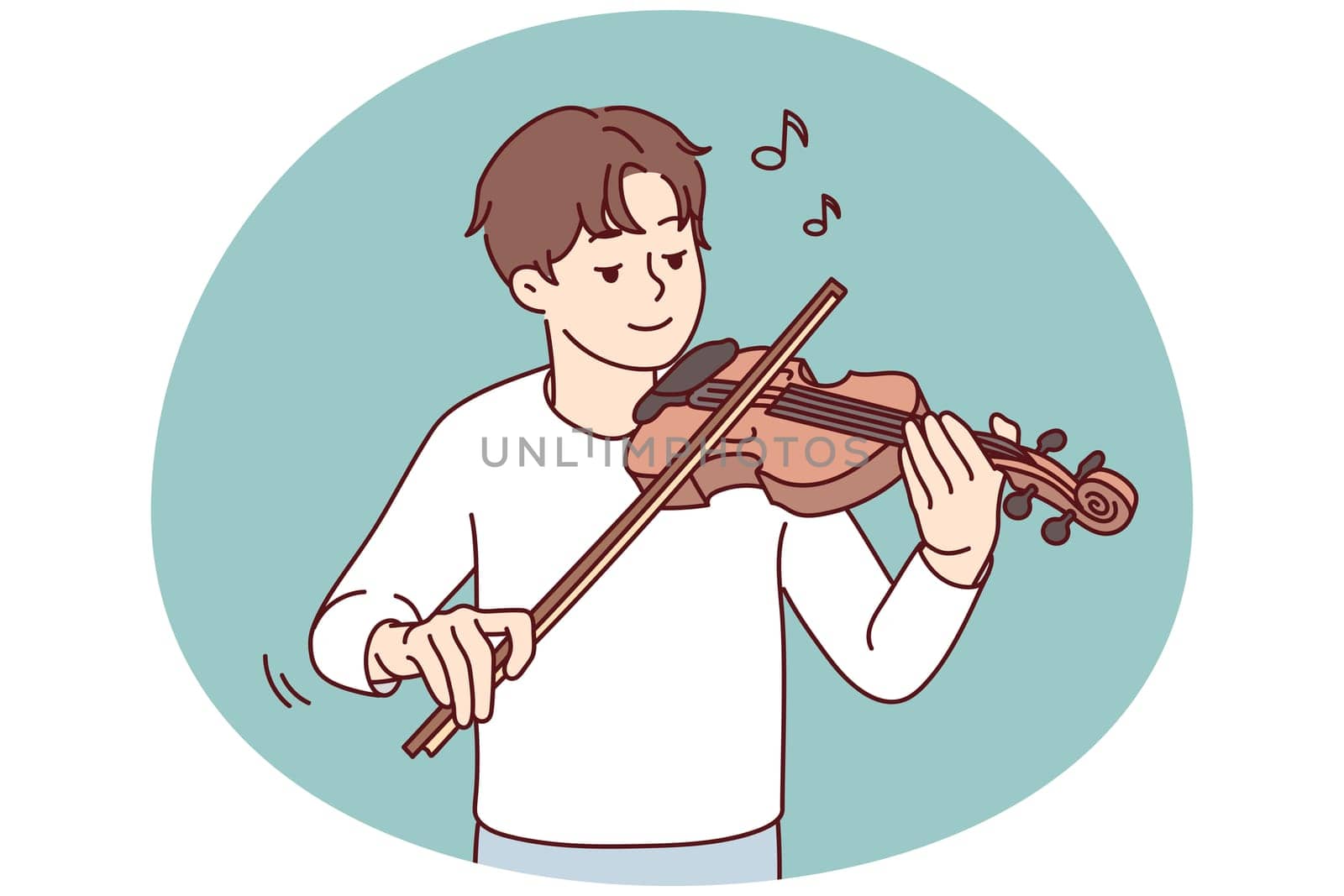 Happy young man playing on violin enjoying music. Smiling guy play on musical instrument. Hobby and entertainment. Vector illustration.