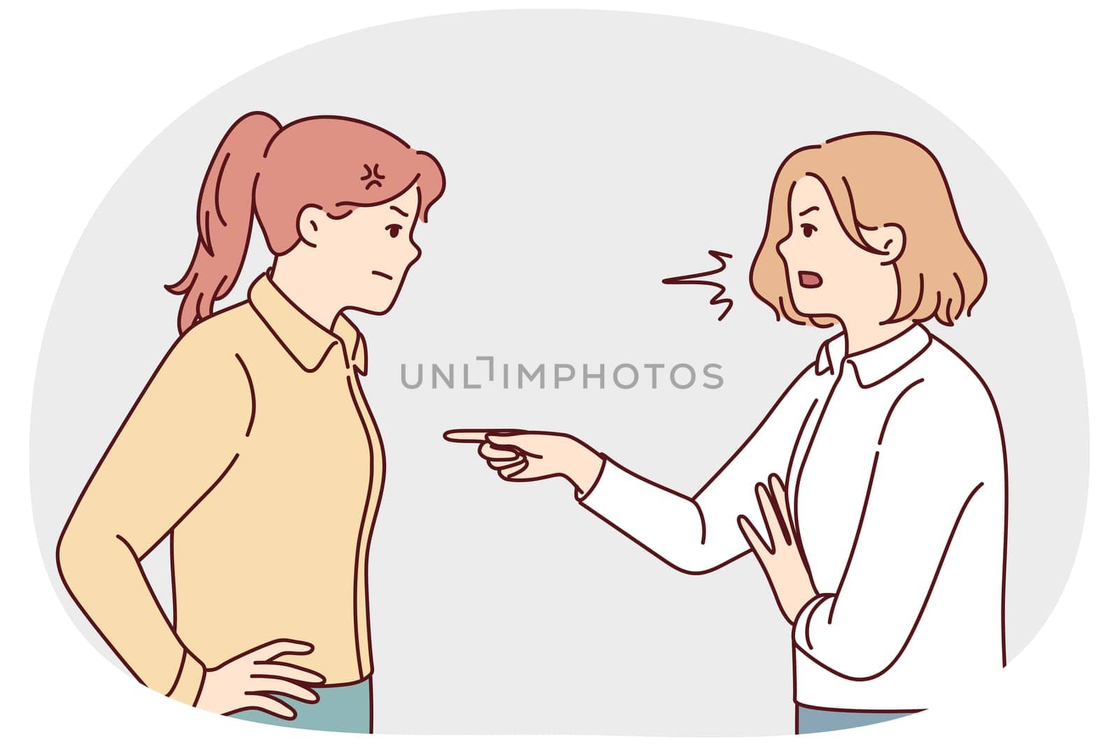 Angry women fighting or quarrelling. Mad furious girls blame each other, making guilty. Anger and misunderstanding. Vector illustration.