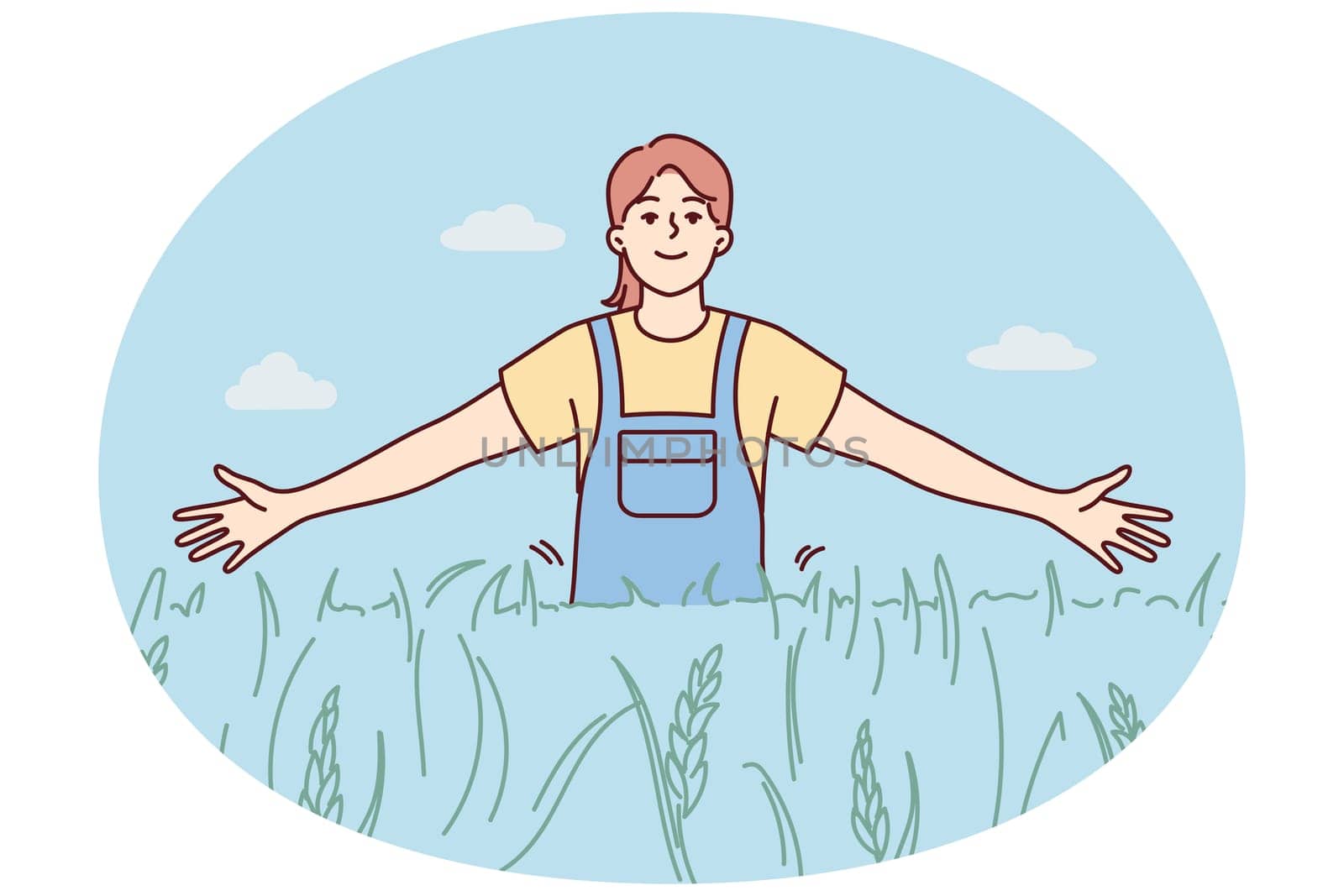 Smiling girl walking in field enjoying sunny weather outdoors. Happy female in cropland or pasture. Environment and nature. Vector illustration.