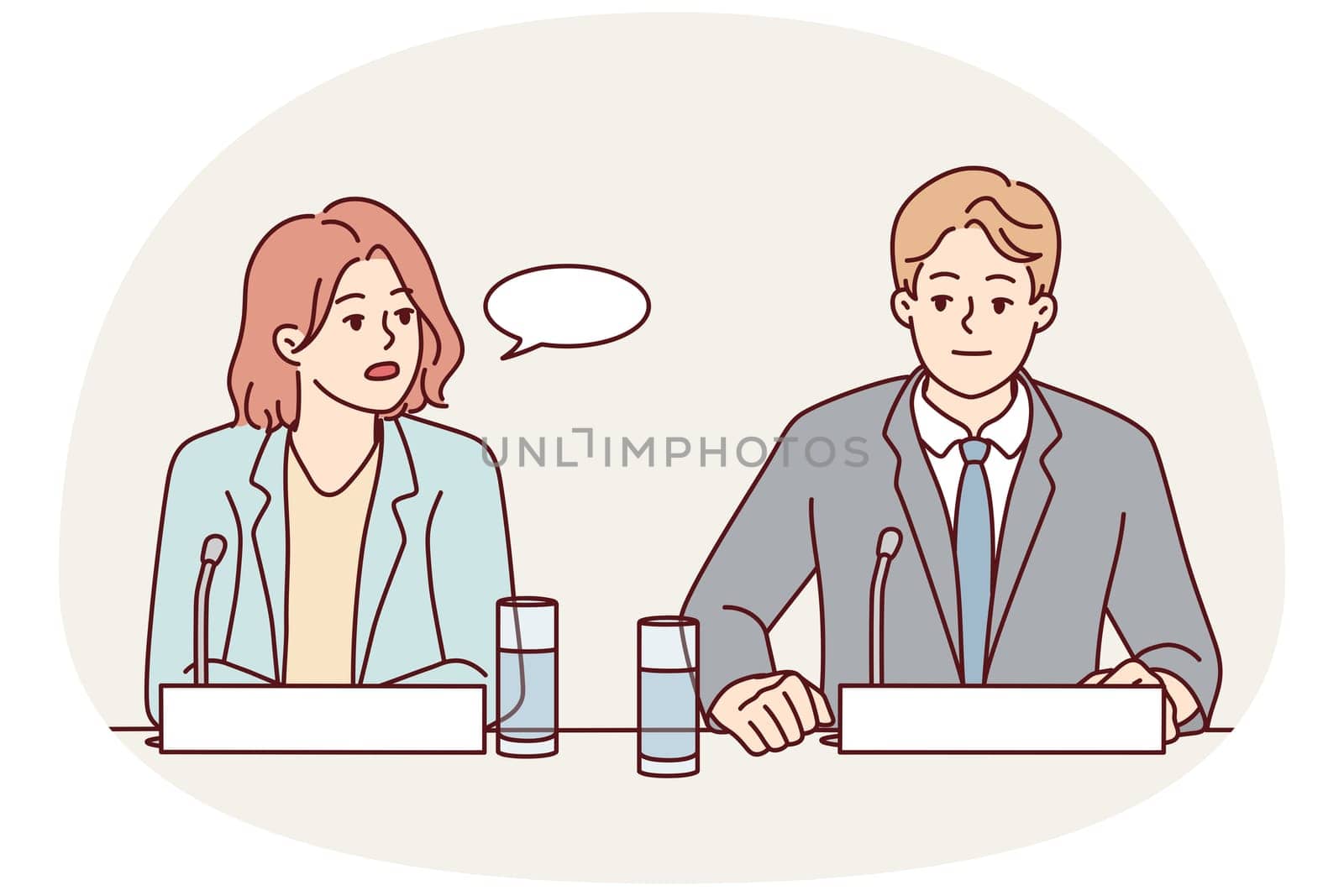Businesspeople sit at desk at meeting speak in microphones. Employees at conference making speech. Business and briefing. Vector illustration.