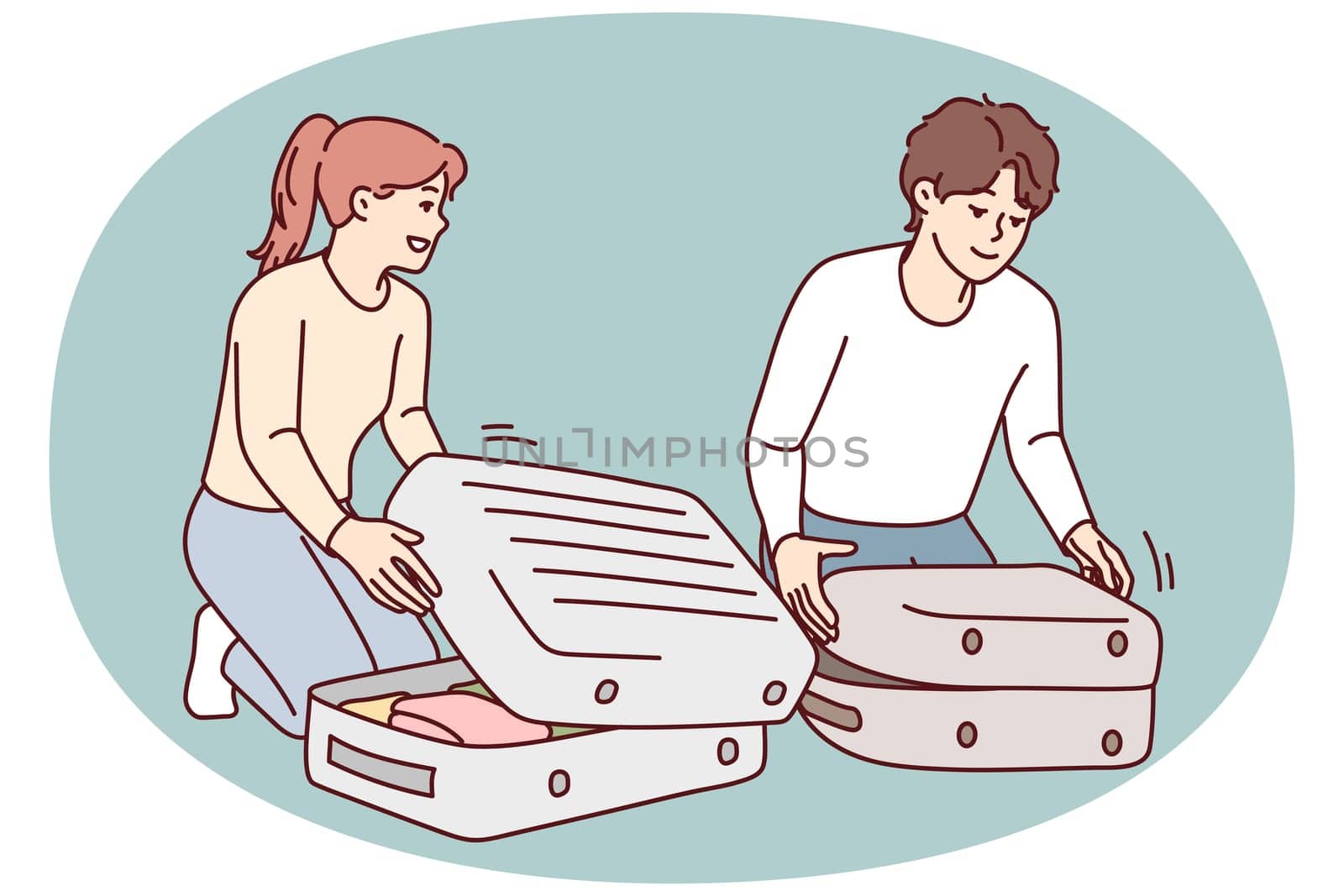 Happy couple packing suitcase getting ready for vacation. Smiling man and woman pack baggage excited about traveling. Tourism concept. Vector illustrations.