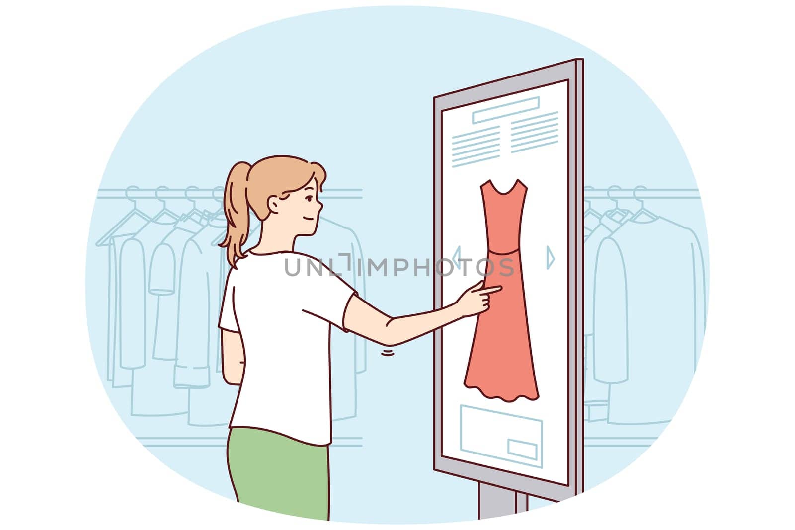 Clothing store customer woman use digital touch panel to select dress of suitable style and color. Young girl is shopping choosing evening outfit using modern screen. Flat vector illustration