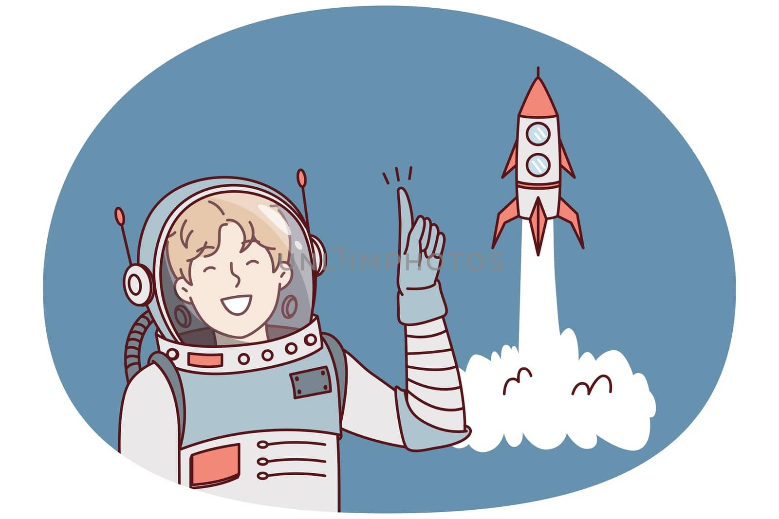 Man in astronaut clothes points finger up standing near spaceship taking off. Guy in spacesuit is member of space expedition to study decolonization of planets in galaxy. Flat vector design