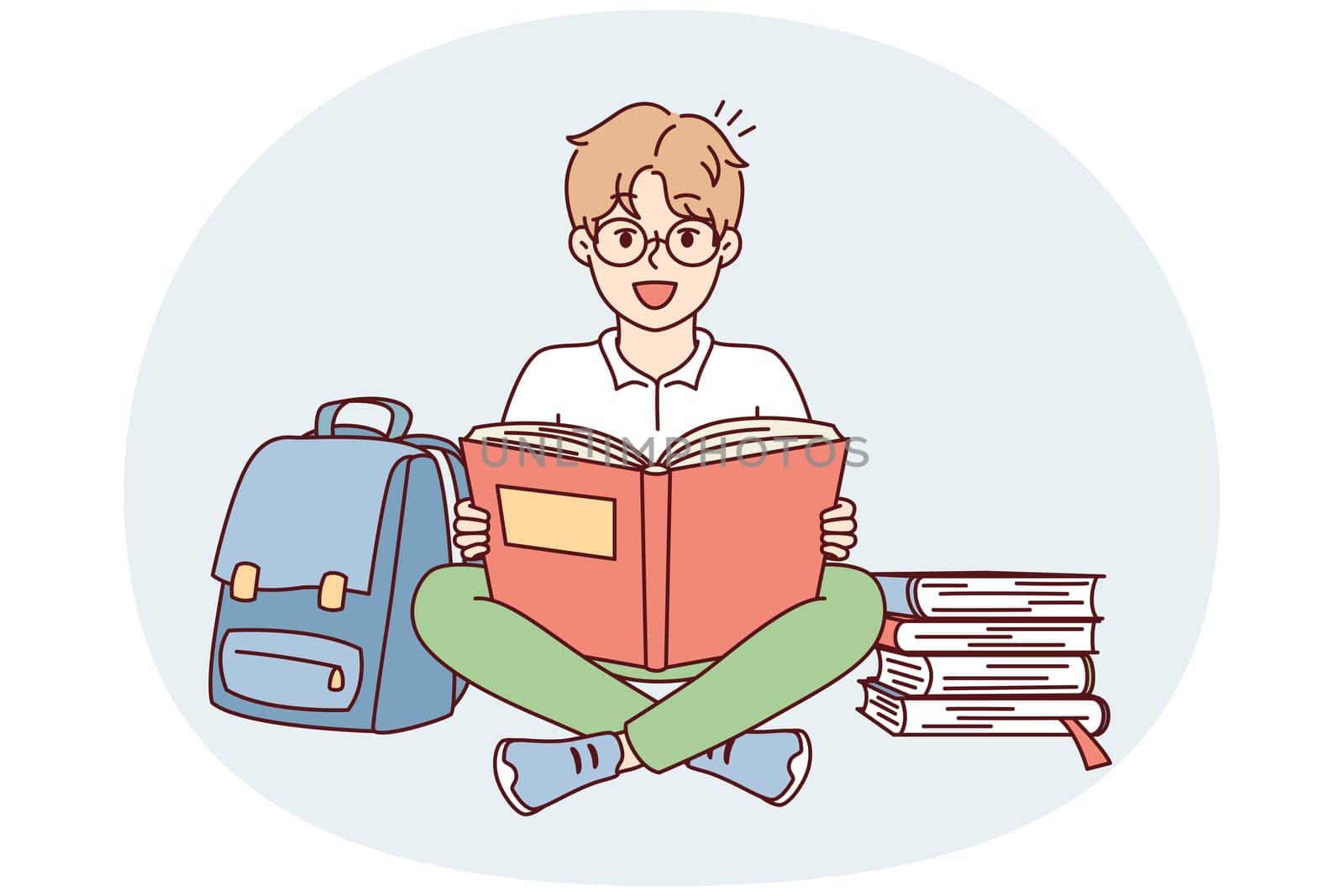 Positive schoolboy sits cross-legged on floor near backpack and stacks of textbooks getting ready for lessons. Delighted boy in glasses looks at camera while reading literature. Flat vector design