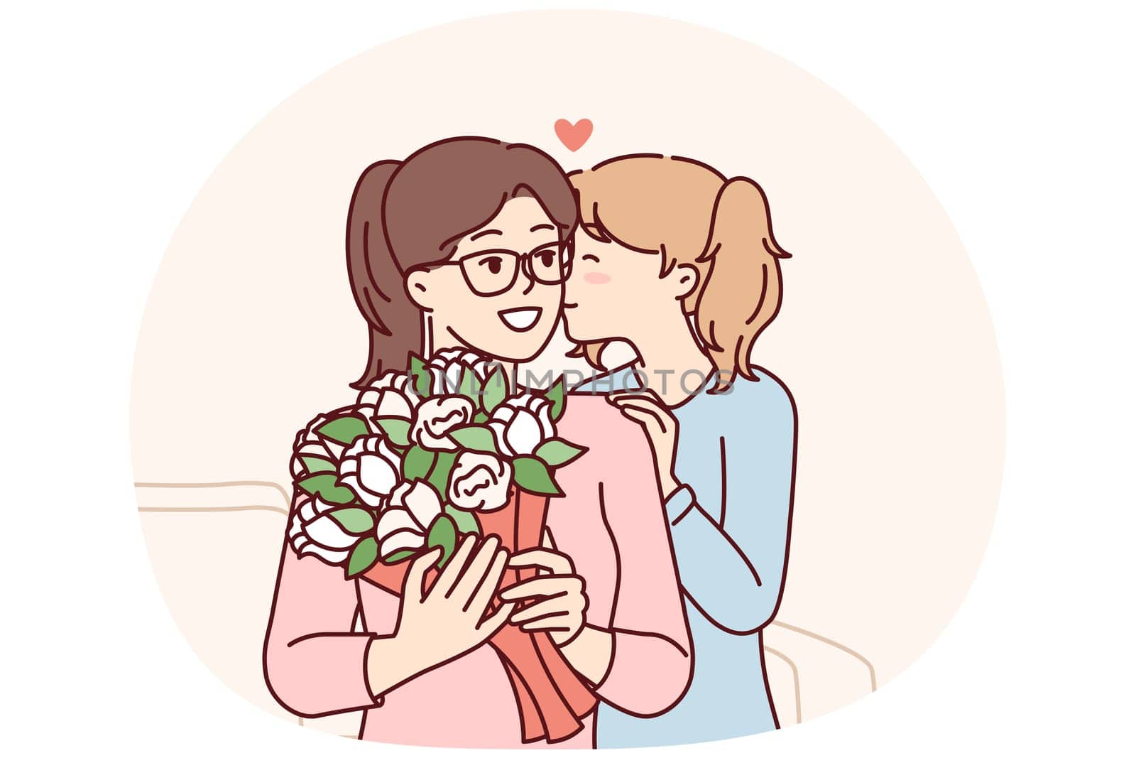 Loving teenage girl gives flowers to mom on eve of eighth of March or mother day. Child kisses woman on cheek after presenting bouquet to babysitter for good job. Flat vector illustration