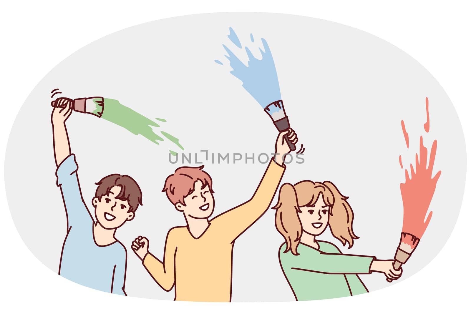 Positive boys and girls waving paint brushes with multi-colored paint doing joint creativity to participate in art exhibition. Concept of happy childhood and good mood in children. Flat vector image