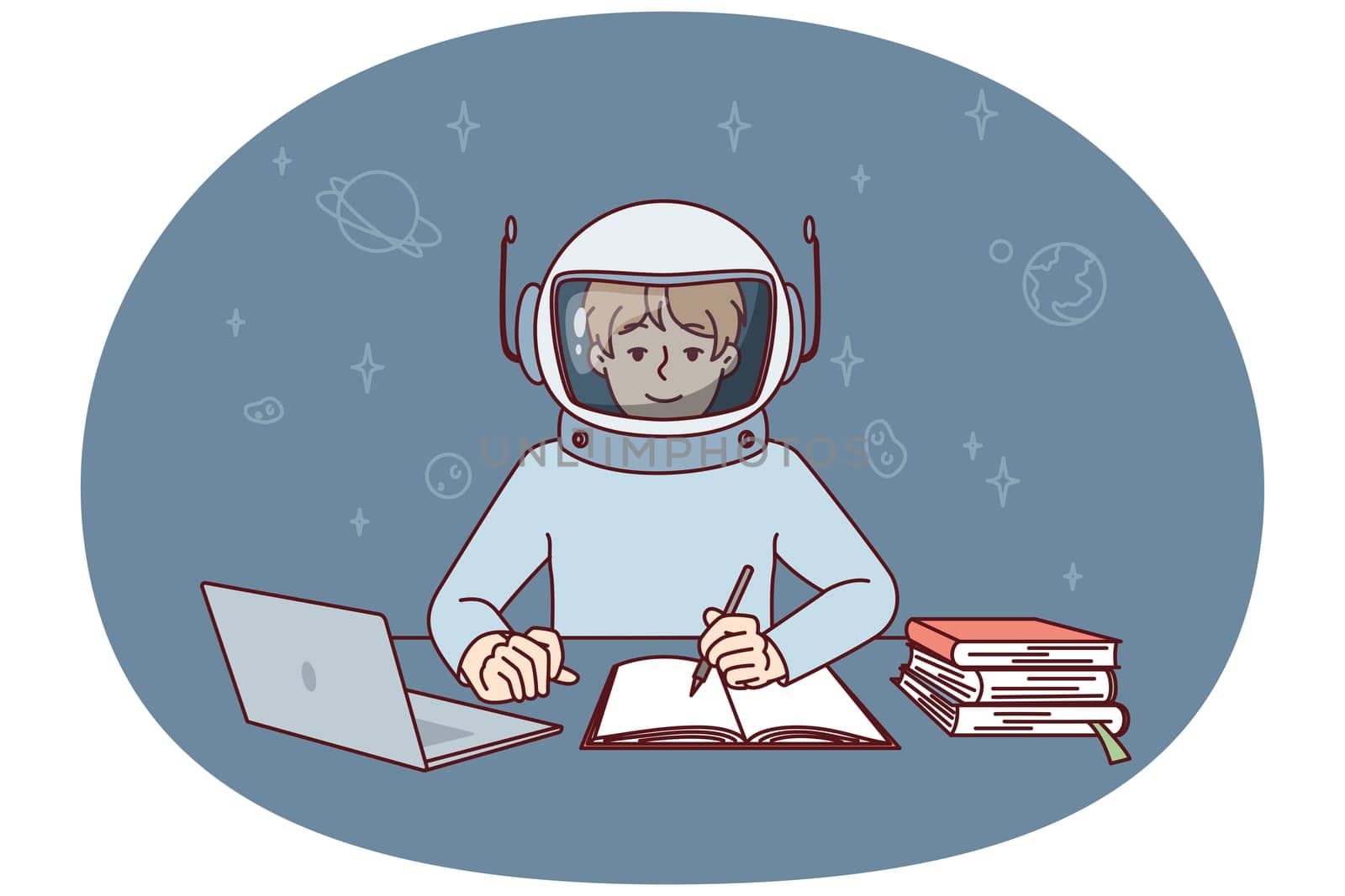 Boy in spacesuit sits at table with laptop and textbooks making notes in workbook. Child astronaut reads stories of conquering space and exploring planets of universe. Flat vector illustration