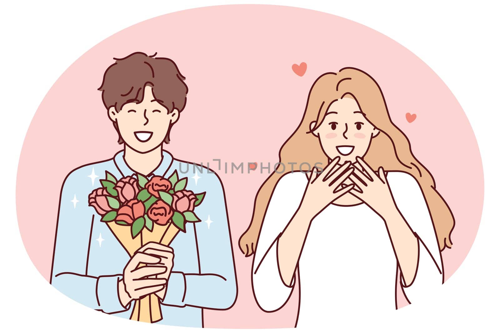 Romantic man holding flowers and happy woman delighted with gift bouquet from boyfriend. Girl in love feels happiness after receiving congratulations on birthday or Valentine Day. Flat vector design