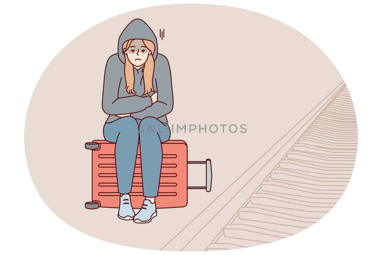 Tired woman sits on suitcase near railway waiting for train and is sad because of lack of money for ticket. Unhappy girl in hood missed train freezes at station alone. Flat vector illustration