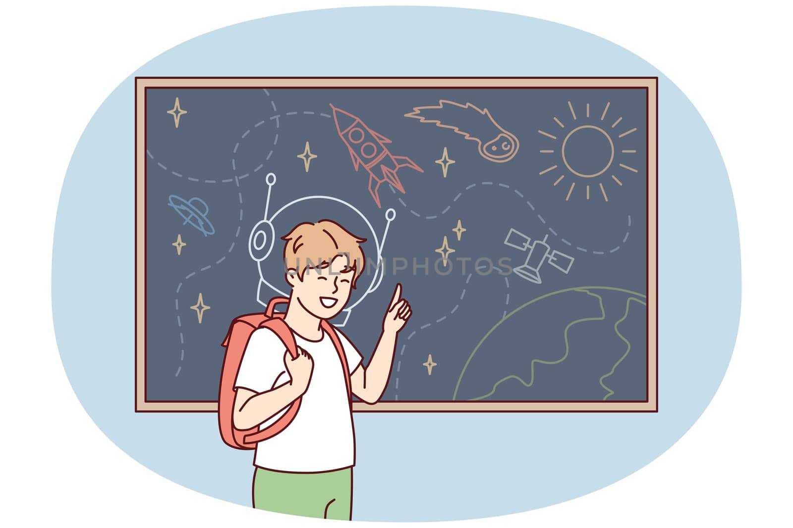 Joyful boy with backpack behind back stands near blackboard depicting universe with spaceships and planets. Schoolboy is fond of astronomy with drawings of UFOs and satellite ships. Flat vector image