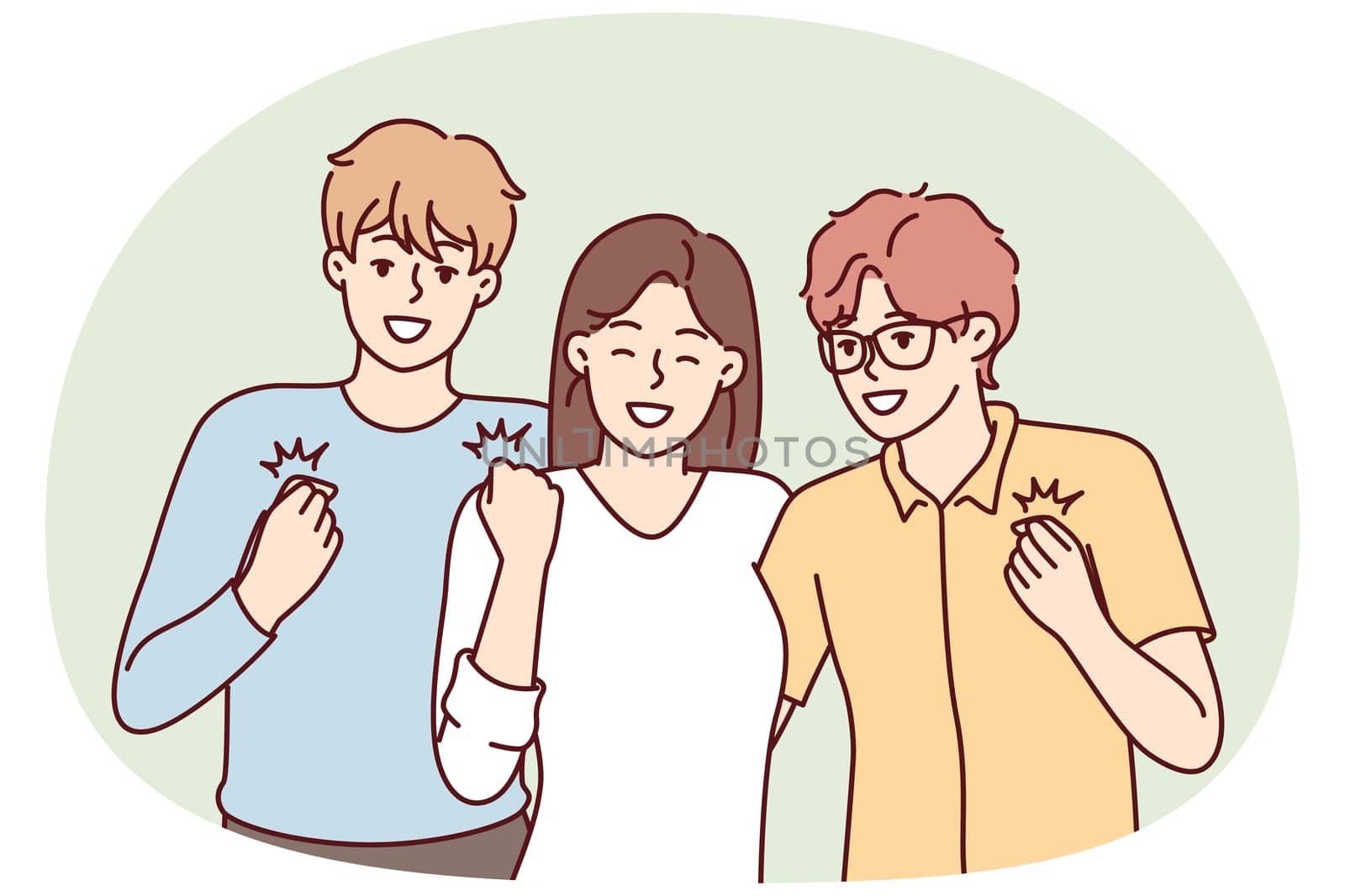 Girl and two guys with smile on faces make winning gesture rejoicing at receiving prize in student competition. Youth men and woman in casual clothes having fun together. Flat vector image