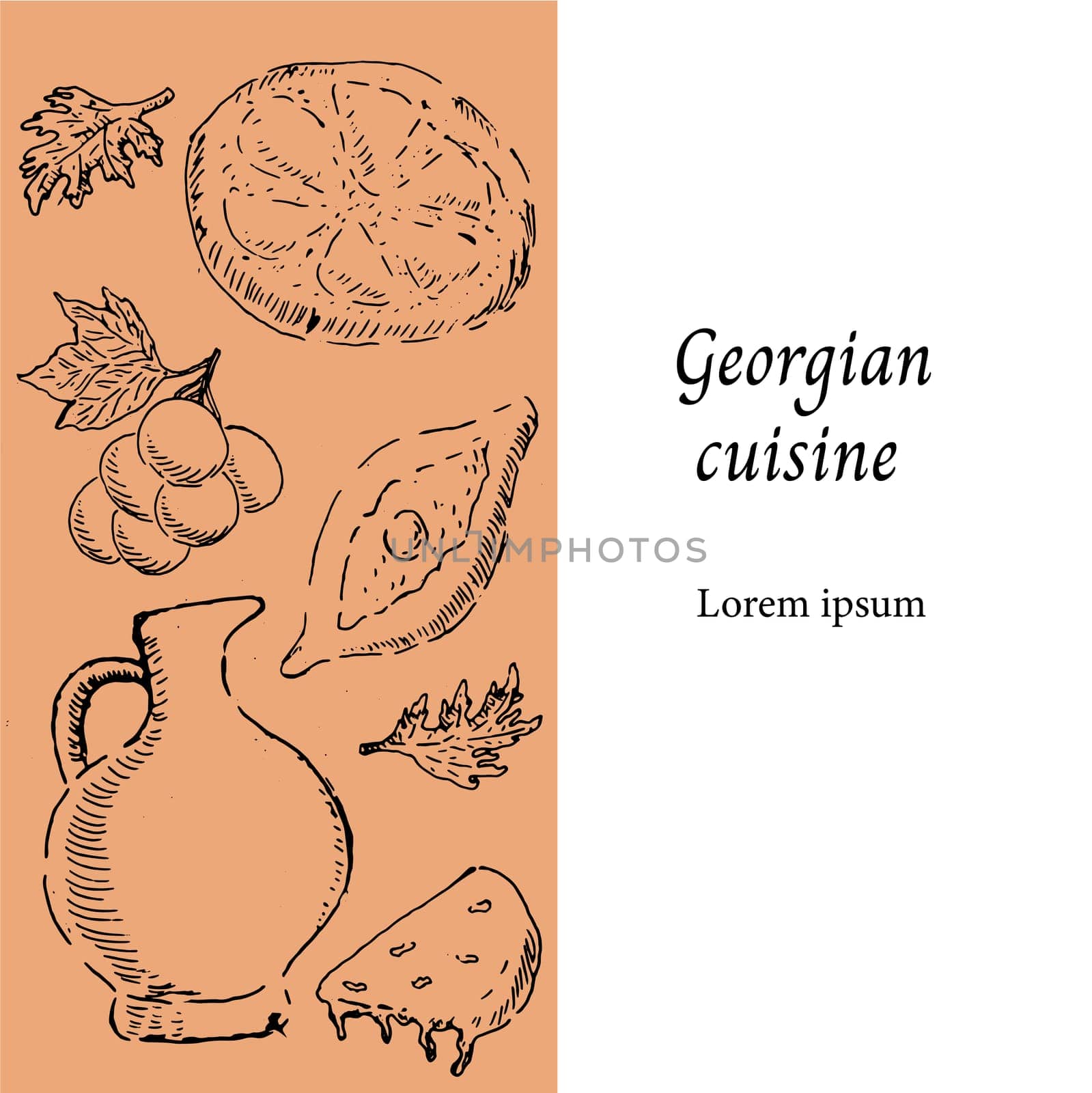 Georgian food cuisine background can used for menu template, banner, flyer. Vector illustration in hand drawn sketch style. Vintage background suitable for cafe and restaurant.