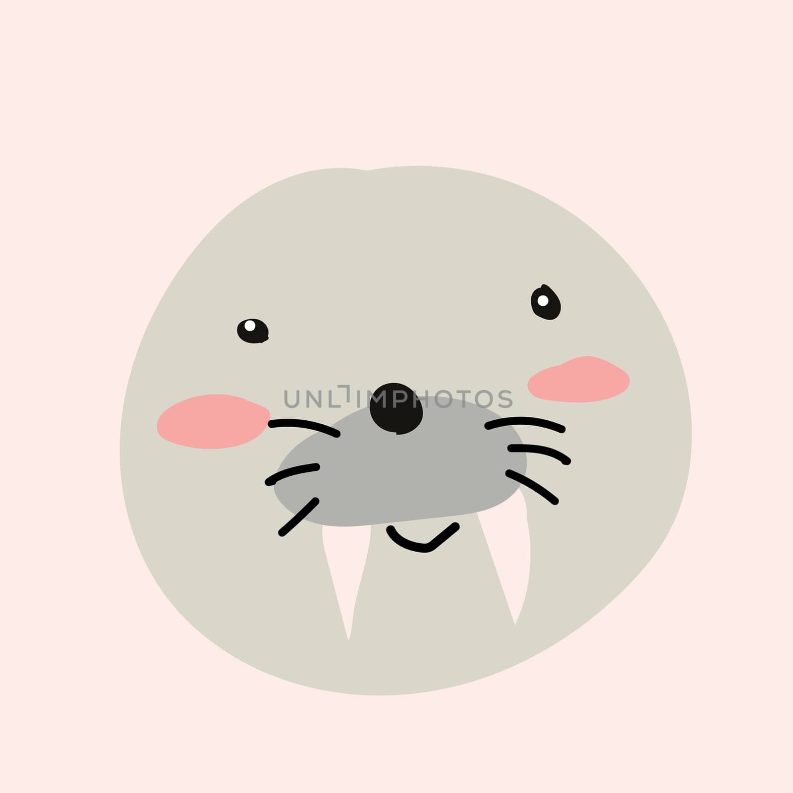 cute animals portrait of walrus, animals head. Vector illustration on pink background in scandinavian style.