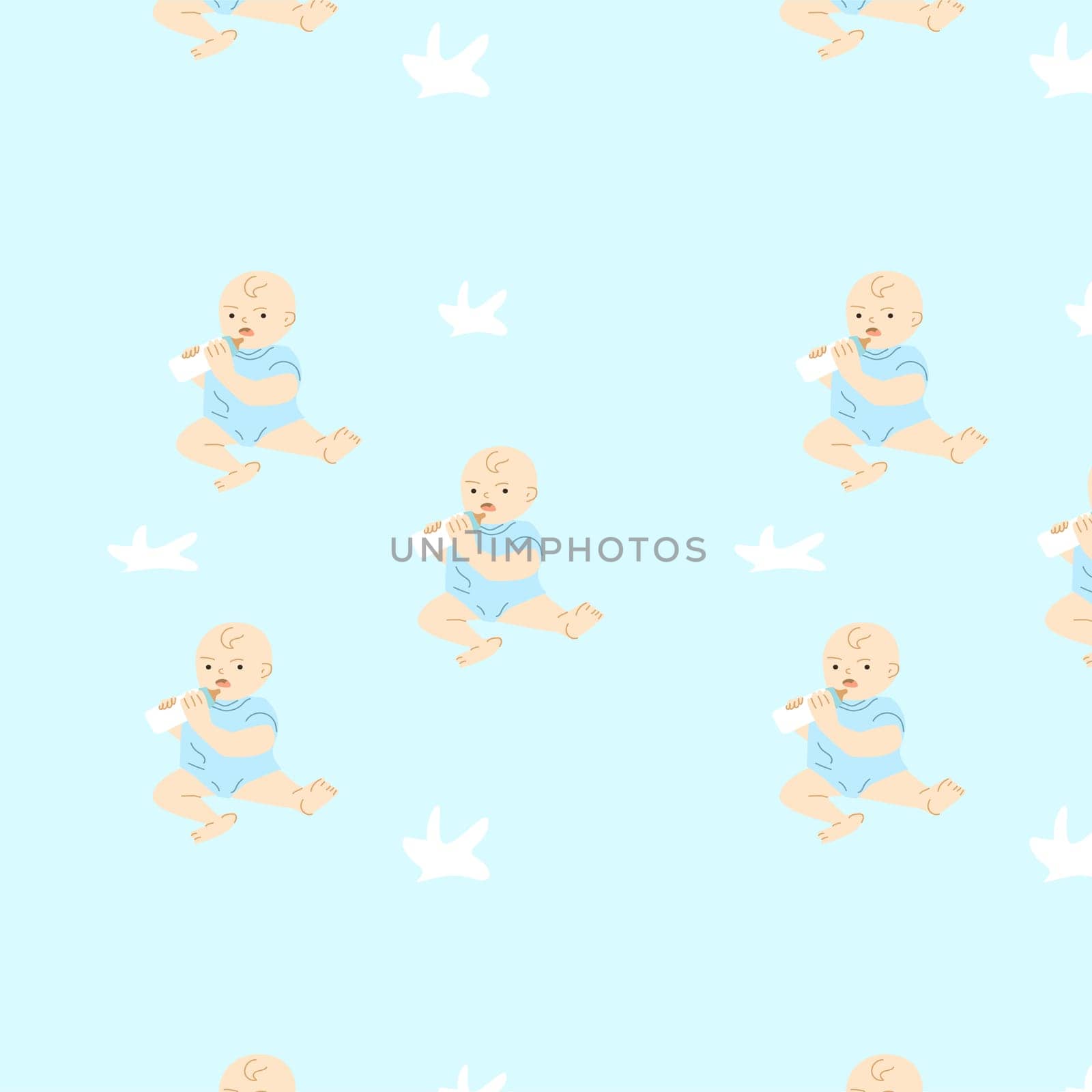 baby background of small boy and kids bottle. Vector illustration on blue background. Cute seamless pattern with todler.
