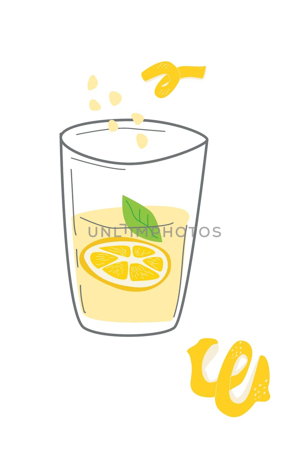 glass with a drink with lemon and lemon skin summer vector illustration. fresh drink on yellow color.