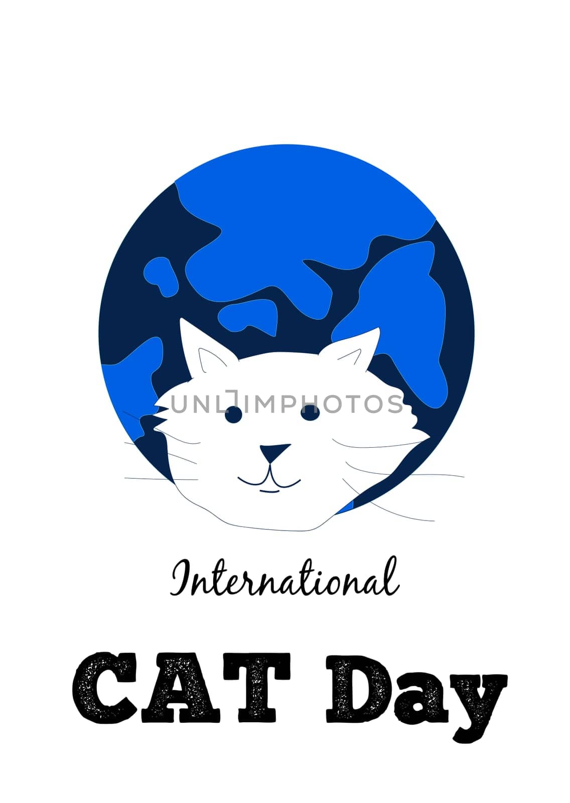 cute banner postcard cat on the background of a blue planet. Vector illustration for greeting card of international cats day.