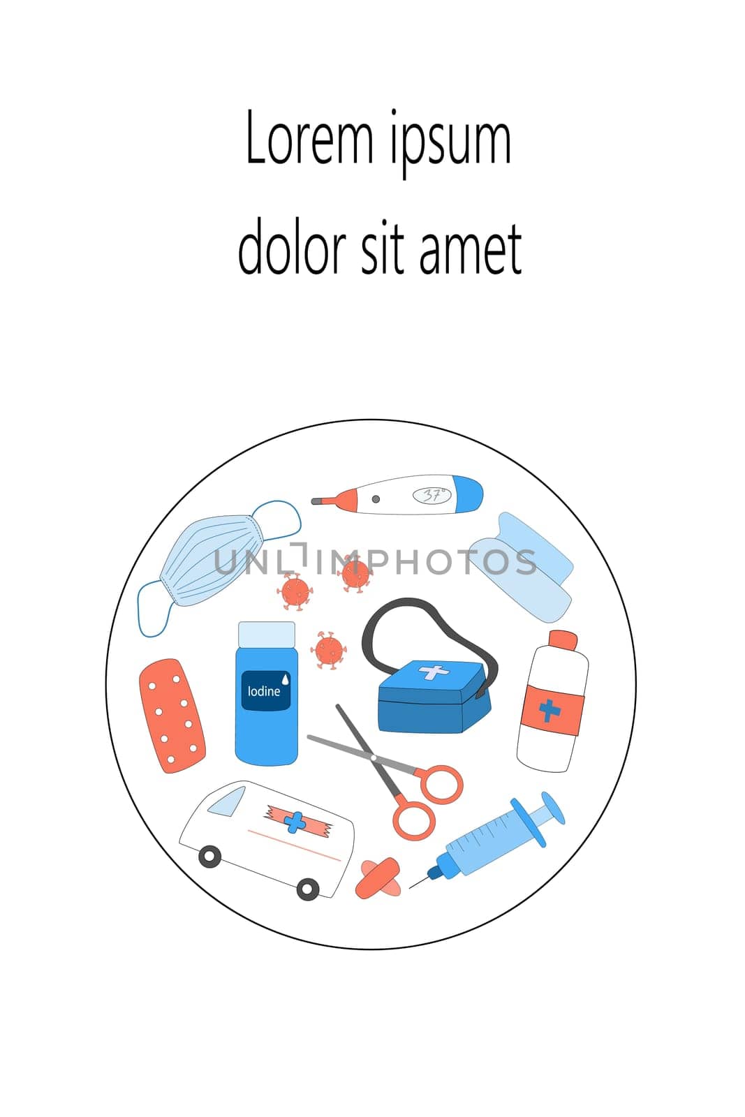 medical background, doodle set first aid on a circle backdrop. Vector illustration for kids education, games, mobile application.