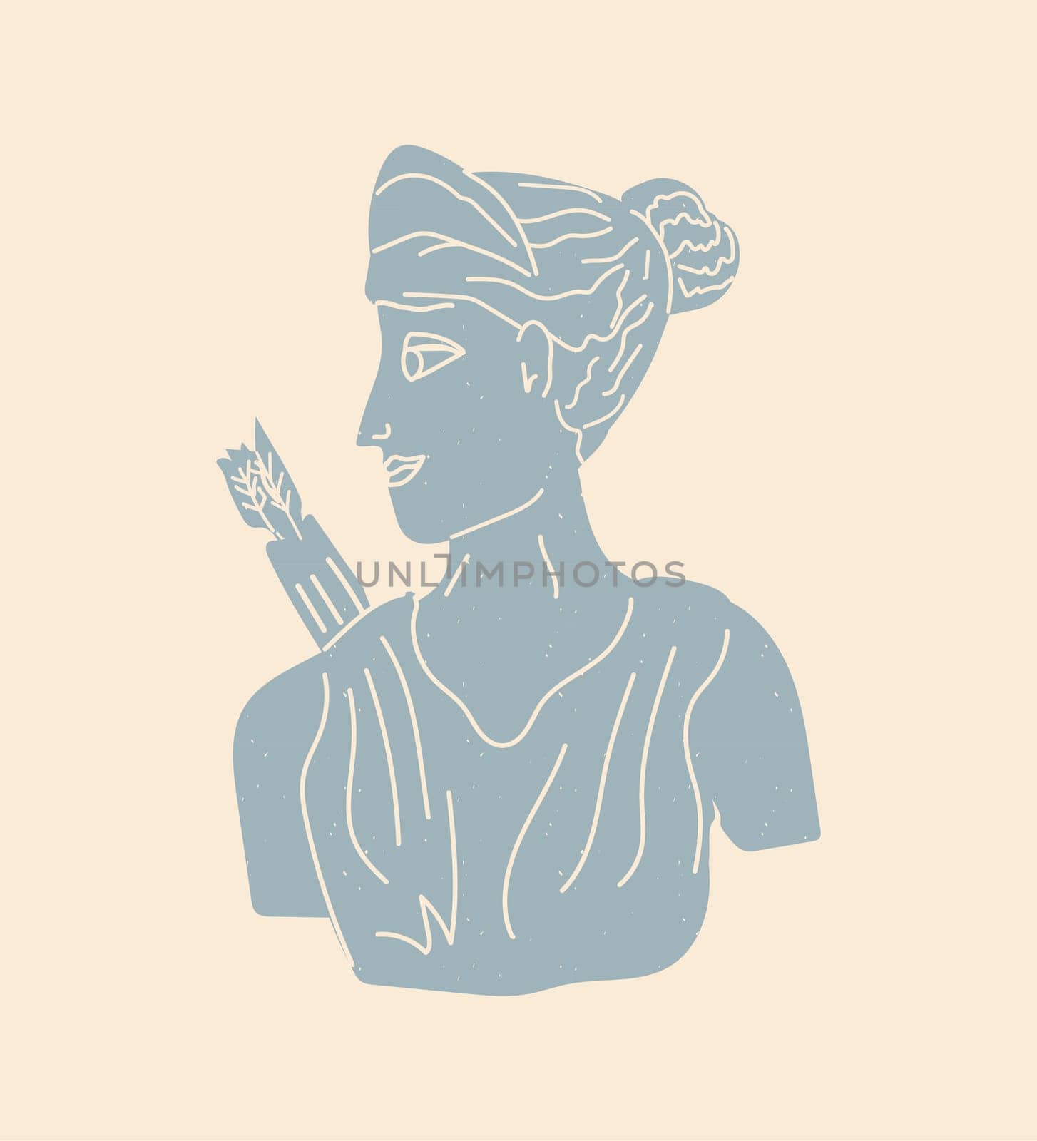 antique bust of greek woman god in a modern style. Vector illustration with grunge texture on retro color background.