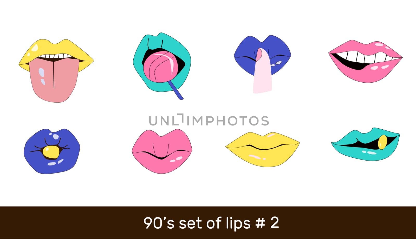 set of lips in a retro 90s style isolated. Vector illustration suitable for stikers, as desighn element of posters, banners, music backgrounds.
