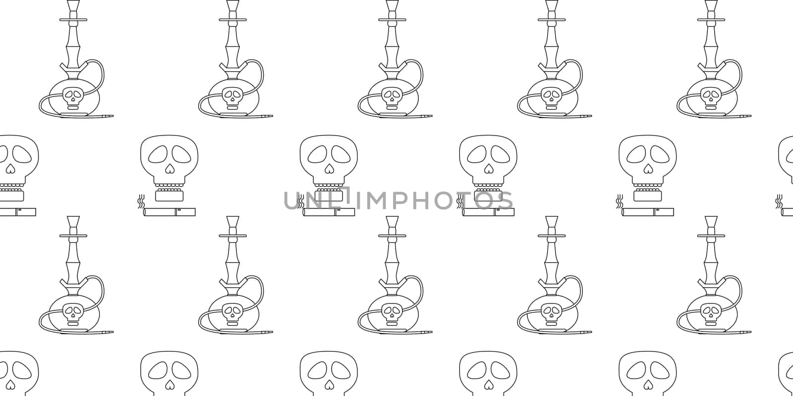 pattern with a skull and cigarettes, and kalyan. Vector illustration about smoking and warning that smoking is harmful to health. Concept smoking ban.