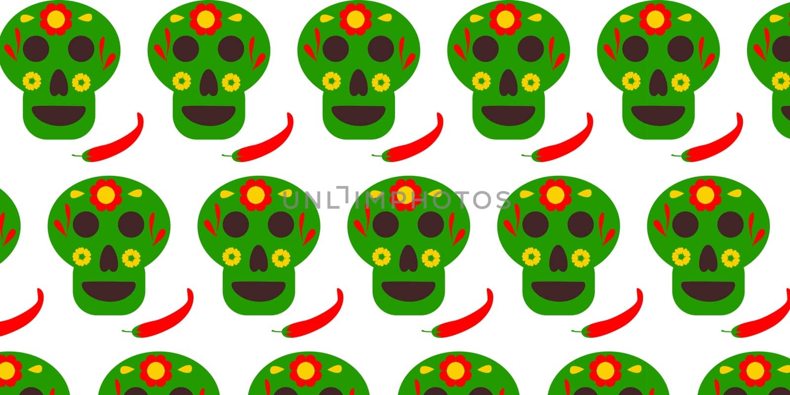 mexico pattern with sculls and chili. Universal pattern for greeting card, textile for mexican holidays.