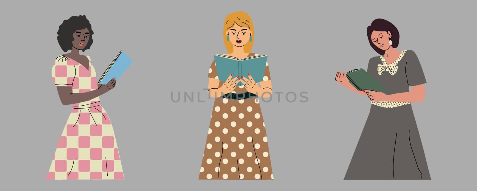 Set of three girls reading books in fashionable retro dresses. Vector illustration of young womans, who standing and reading. Beautiful dresses of retro collection.