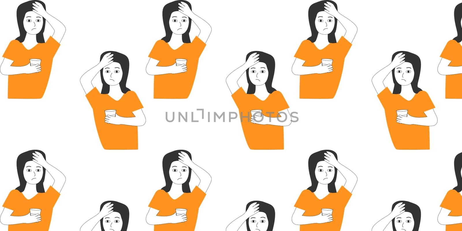 medical background woman with headache and glass in hand. Vector illustration isolated. Bright pattern on white background.