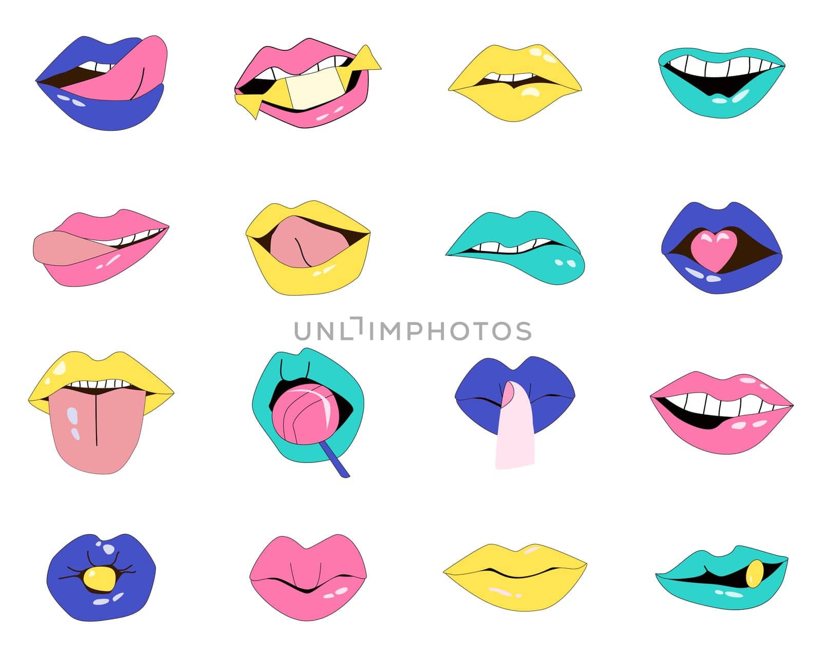 trendy set of lips in a pop art style 90s. Vector illustration isolated on white background.