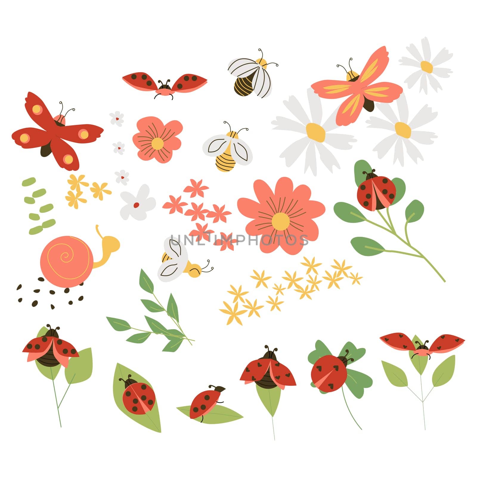 cute animals bug insects and flowers set . Vector illustration isolated. Design elements on white background. Usable for baby backgrounds, childish patterns.