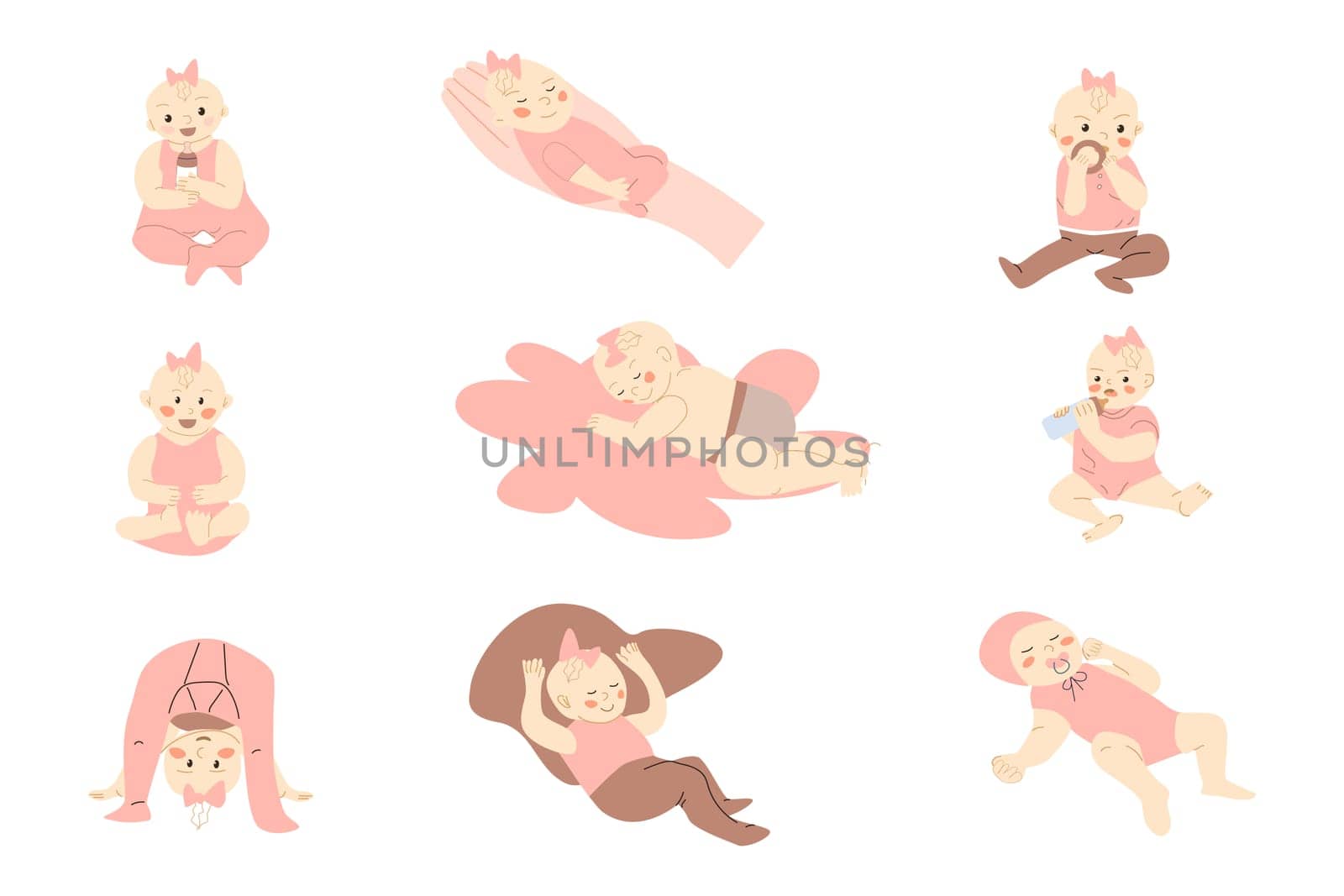 cute small activity todlers girls - set. Vector illustration. Small baby girls on hand, siiting and playing, and sleeping. Usable for baby party background, cards, invitation, celebration banner.