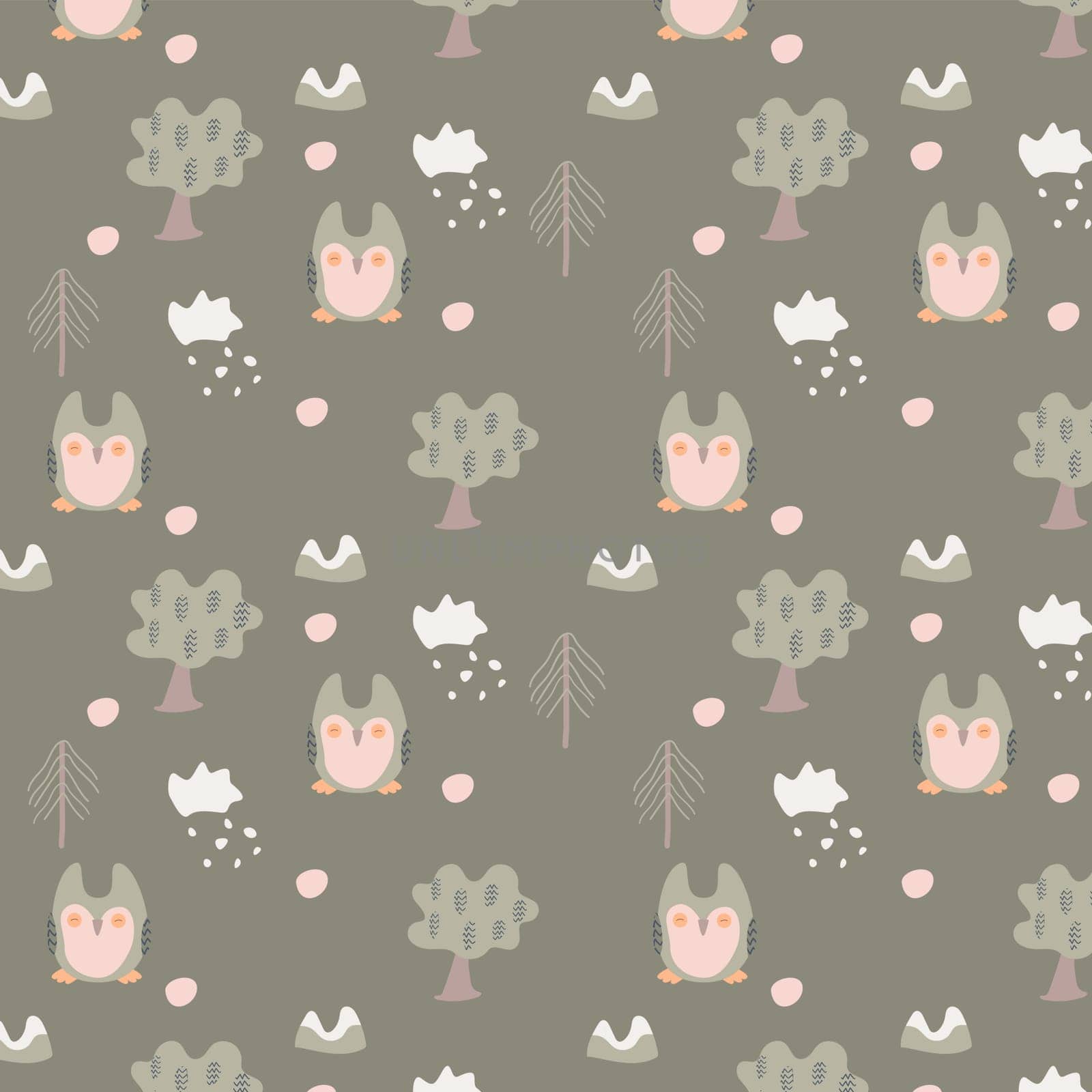 seamless pattern of forest with owl in scandinavian style. Vector illustration in a cartoon style, apple tree and christmas tree, owl and clouds.