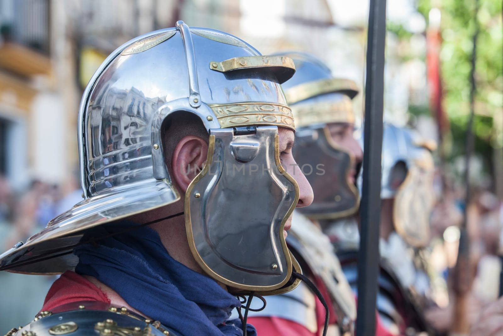 Merida, Spain - June 3th, 2023: Roman legionaries in formation. Emerita Ludica Festival 2023, Merida, Spain