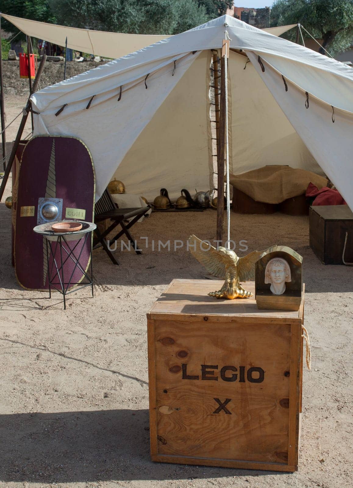 Merida, Spain - Oct 9th, 2021: Roman Legio X Equestris camp tent. Emerita Ludica Festival 2021, Merida, Spain