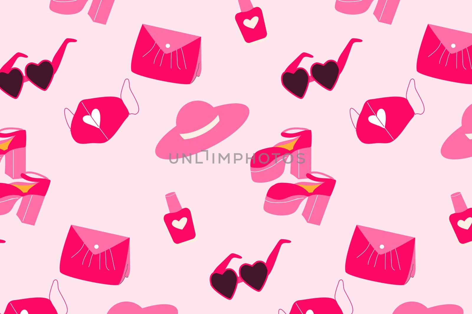 cute pink seamless background with hat and accessories of pink doll - glasses, bags, shoes . Vector illustration of swimsuit, sunglasses, hat, earnings, accesories.