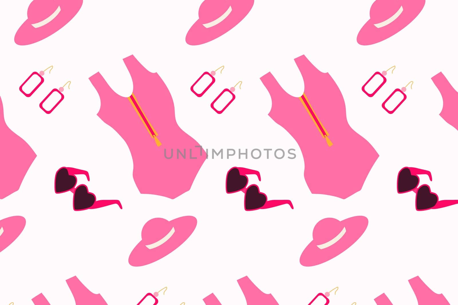 cute pink seamless pattern with clothing and accessories of pink doll . Vector illustration of swimsuit, sunglasses, hat, earnings, accesories.