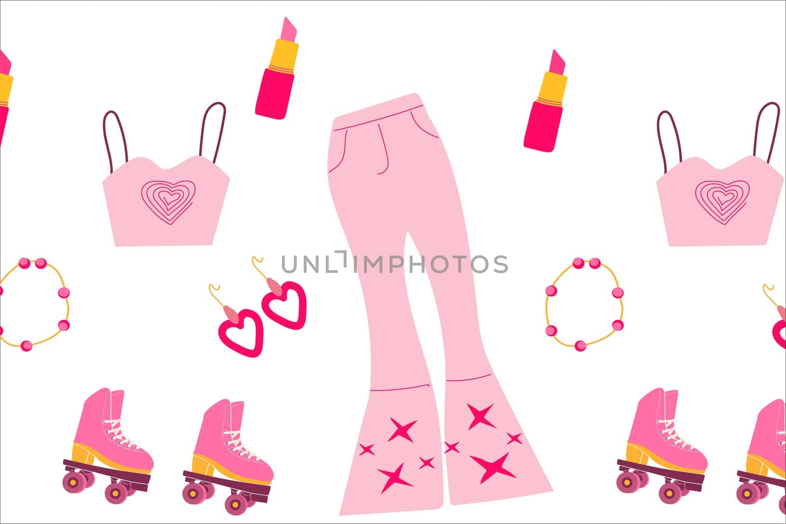 cute pink seamless background with clothes of pink doll . Vector illustration of rollers, accesories, neclake and topik