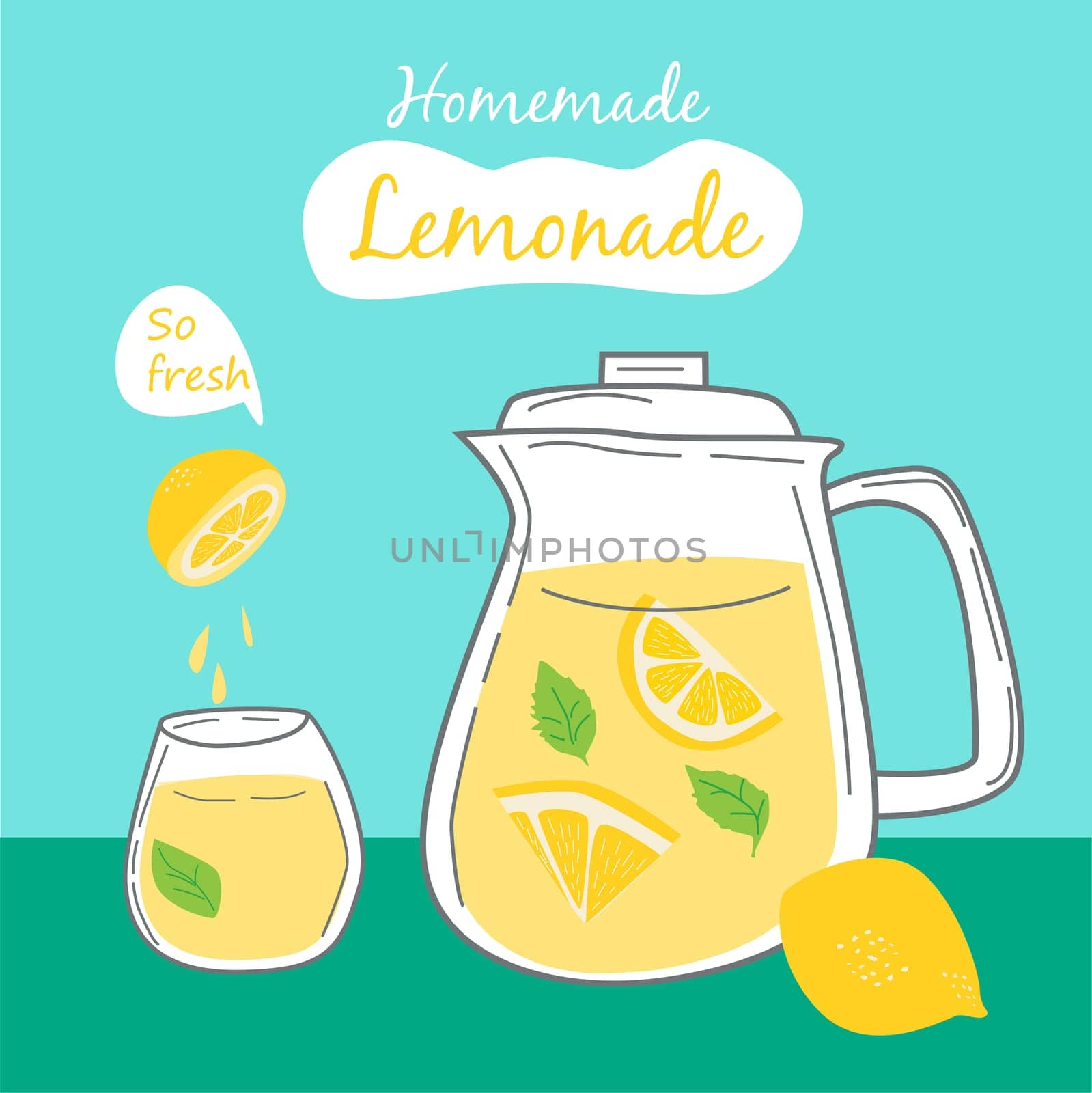cool background of lemonade drink with lemon juice. Vector illustration on green and blue background.