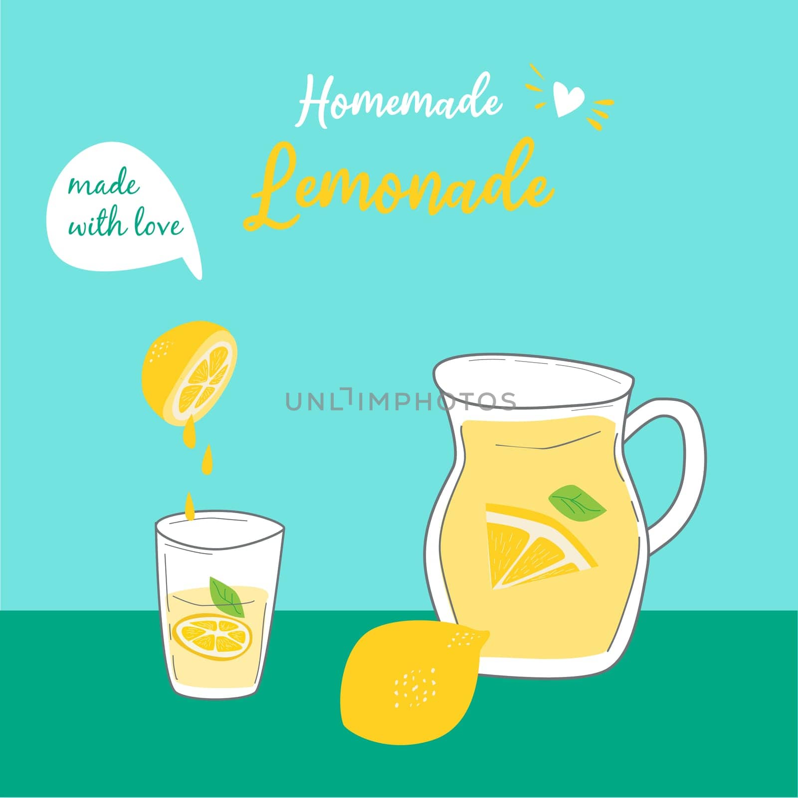 label or background for homemade lemonade refreshing drink. Vector illustration on blue and green background