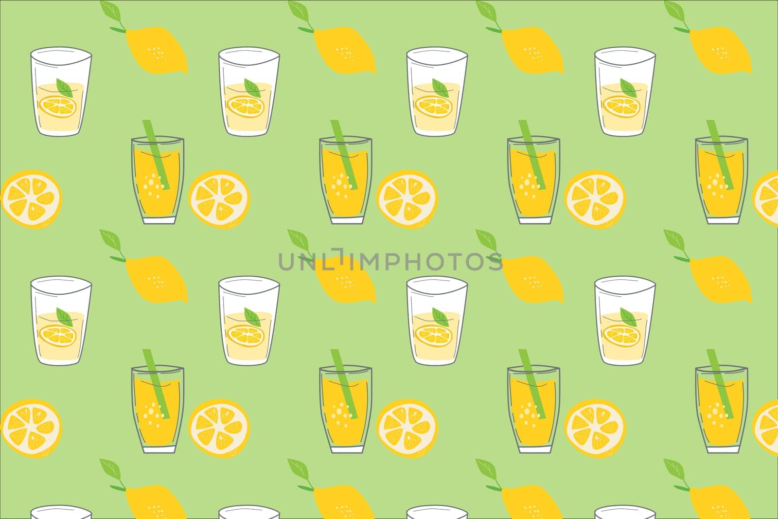 bright lemonade and lemon seamless pattern. Vector illustration on green background, fresh drink and lemon slices.