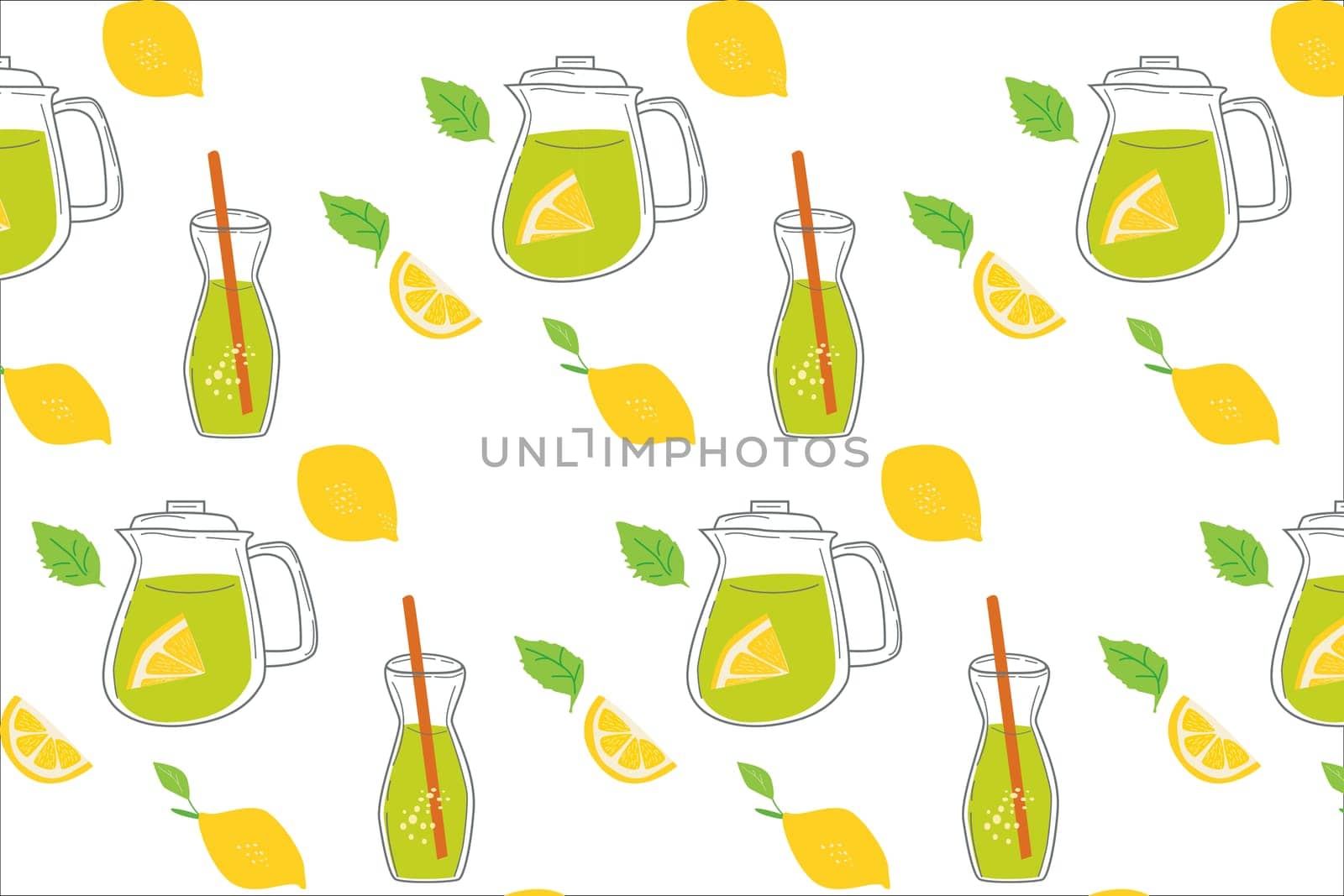 vector pattern of lemonade with lemons and leaves. Vector illustration - seamless pattern or bright background.