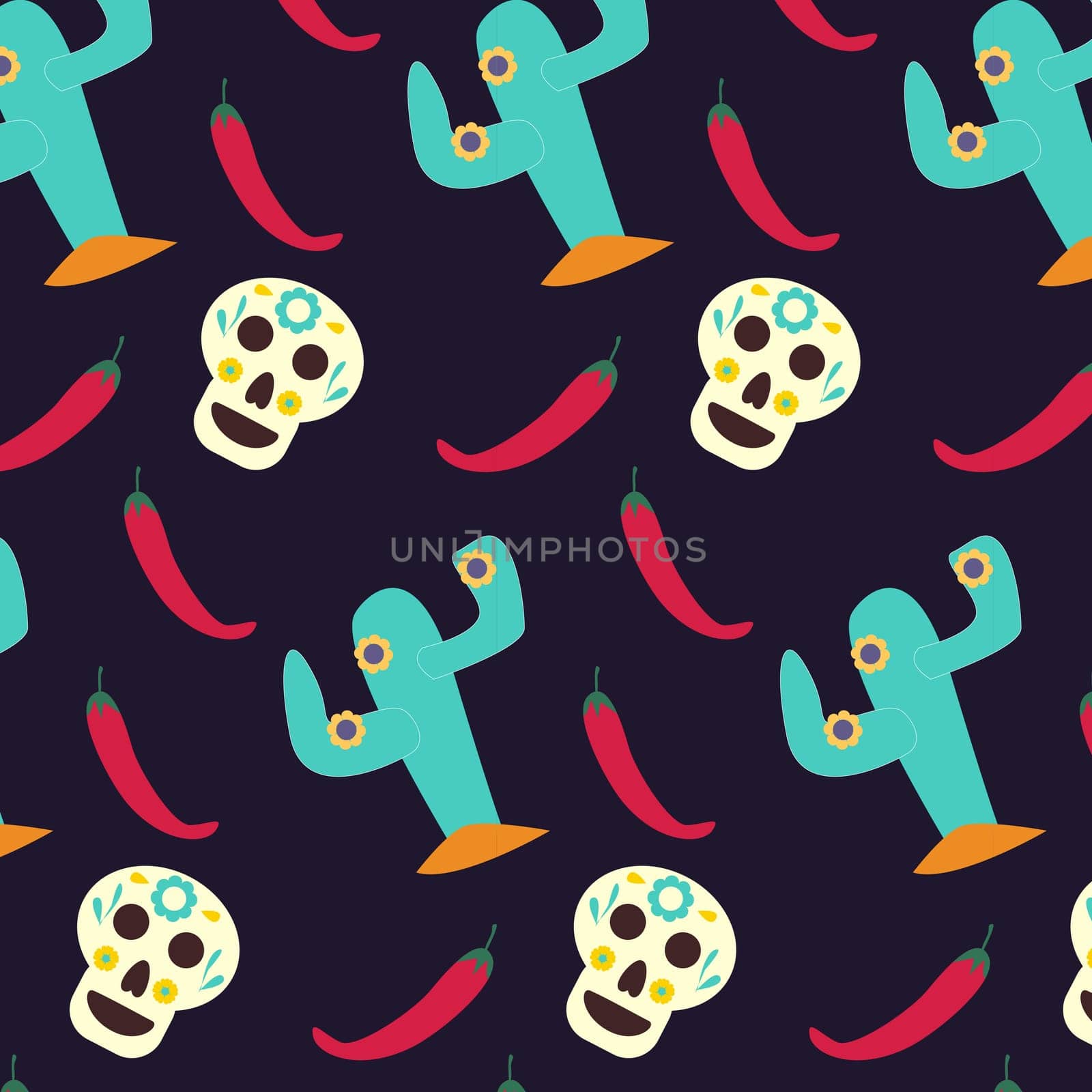 mexican skull and cacti pattern for holidays. Vector illustration on dark background. Pattern in folk stile